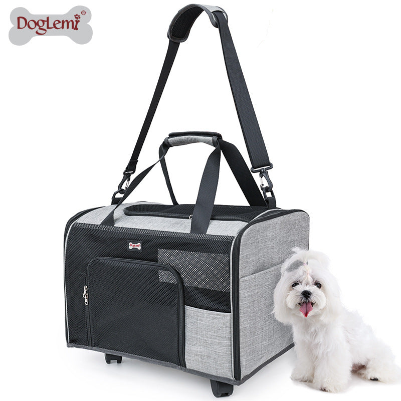 Pet Bag Single Shoulder Cat Bag Portable Breathable Outdoor Wheeled Push-Pull Dog Backpack Large Capacity Pet Carrier Bag
