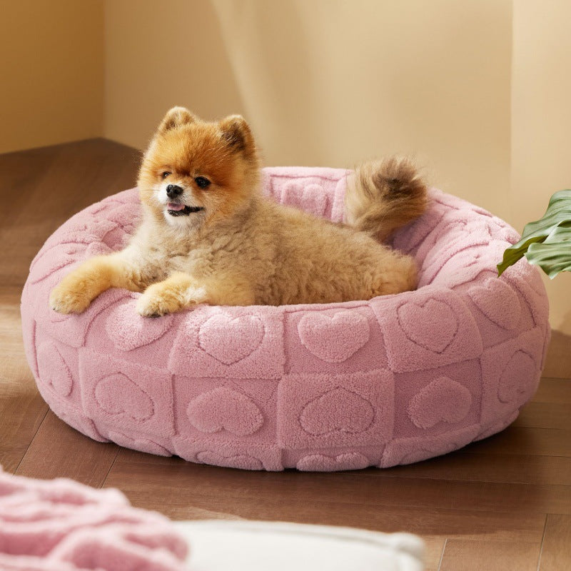 New Pet Bed High Weight Peach Heart Soft Cotton Plush Pet Mat Long Plush Round Cat Bed Winter Warm Dog Bed