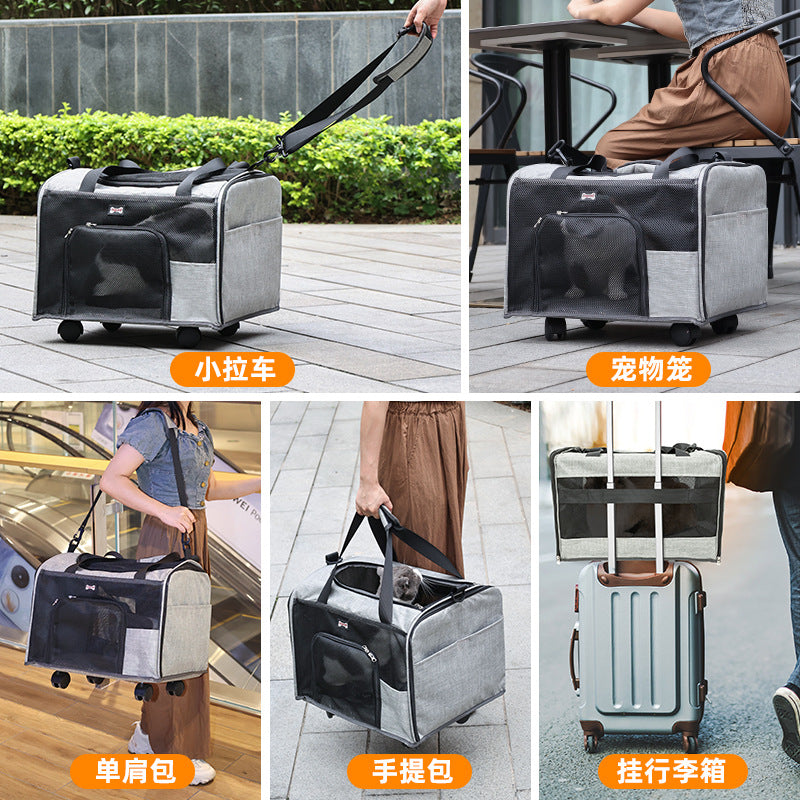 Pet Bag Single Shoulder Cat Bag Portable Breathable Outdoor Wheeled Push-Pull Dog Backpack Large Capacity Pet Carrier Bag